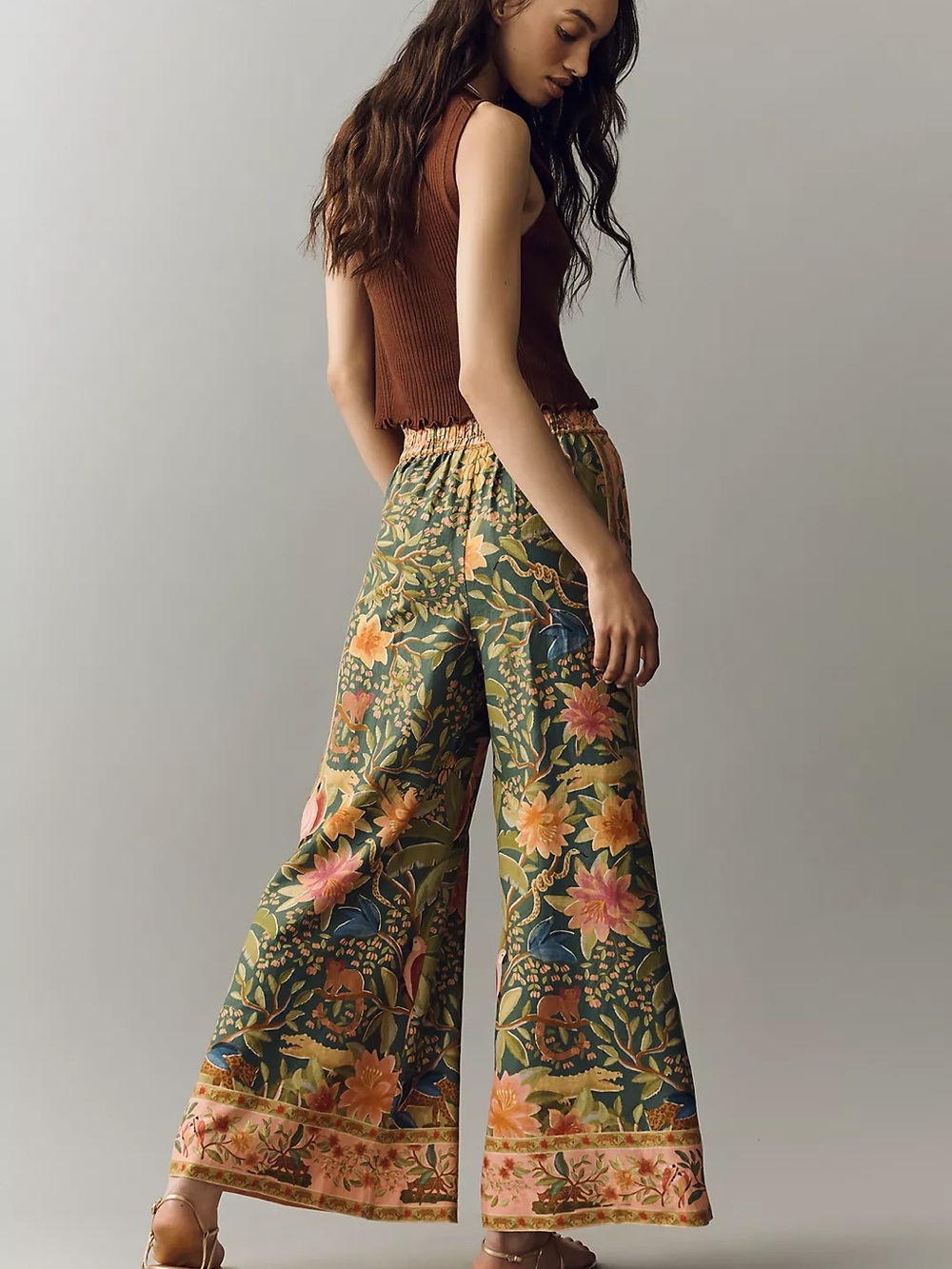 FARM Rio Olive Green Botanical Wide-Leg Pants with Peach Floral - Picture 2 of 3